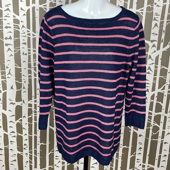 Talbots Sweaters - Talbots 100% Linen 3/4 sleeve longline sweater in navy & pink stripe